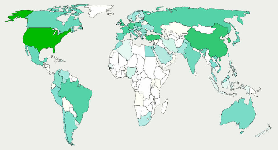 Weltkarte der Herkunft von Spam-Mails